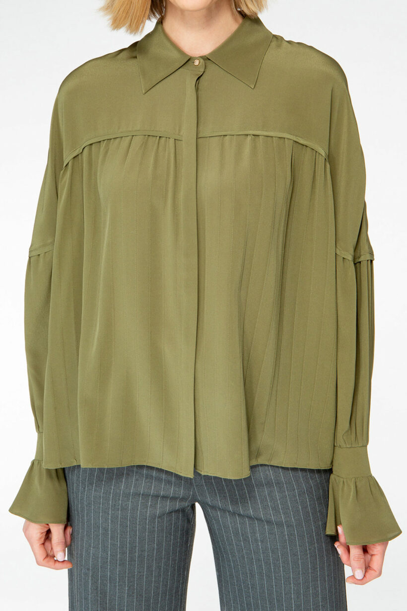 IVI collection olive green blouse with pleat detail in the font and back with a golden button at the top made from 100% silk from aw24 collection