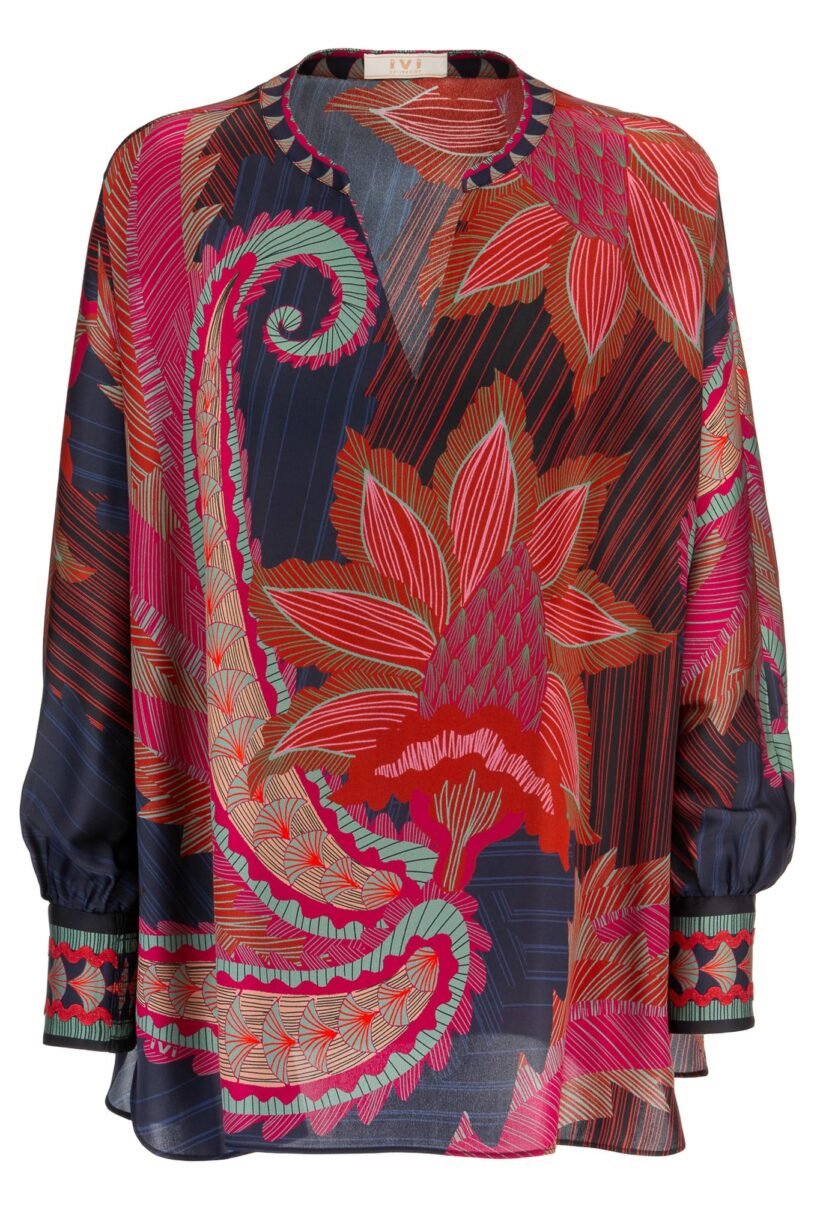 IVI collection ARTICHAUT Tunika aus hochwertiger Seiden mit einem platzierten Blüten-Print in den Farben rot und blau aus der AW24 Kollektion.