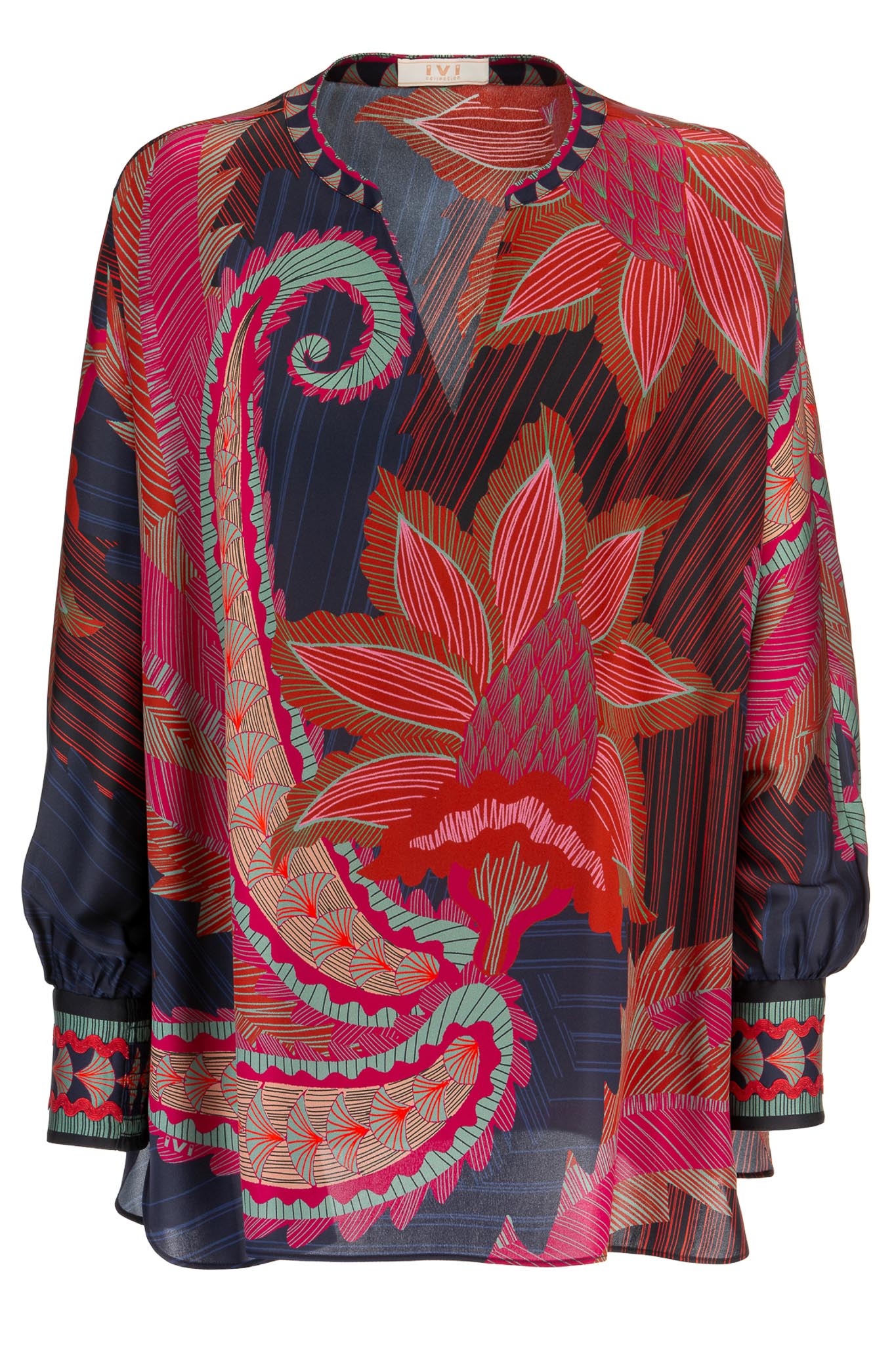 IVI collection ARTICHAUT Tunika aus hochwertiger Seiden mit einem platzierten Blüten-Print in den Farben rot und blau aus der AW24 Kollektion. IVI collection ARTICHAUT tunic made of high-quality silk with a placed flower print in the colors red and blue from the AW24 collection.