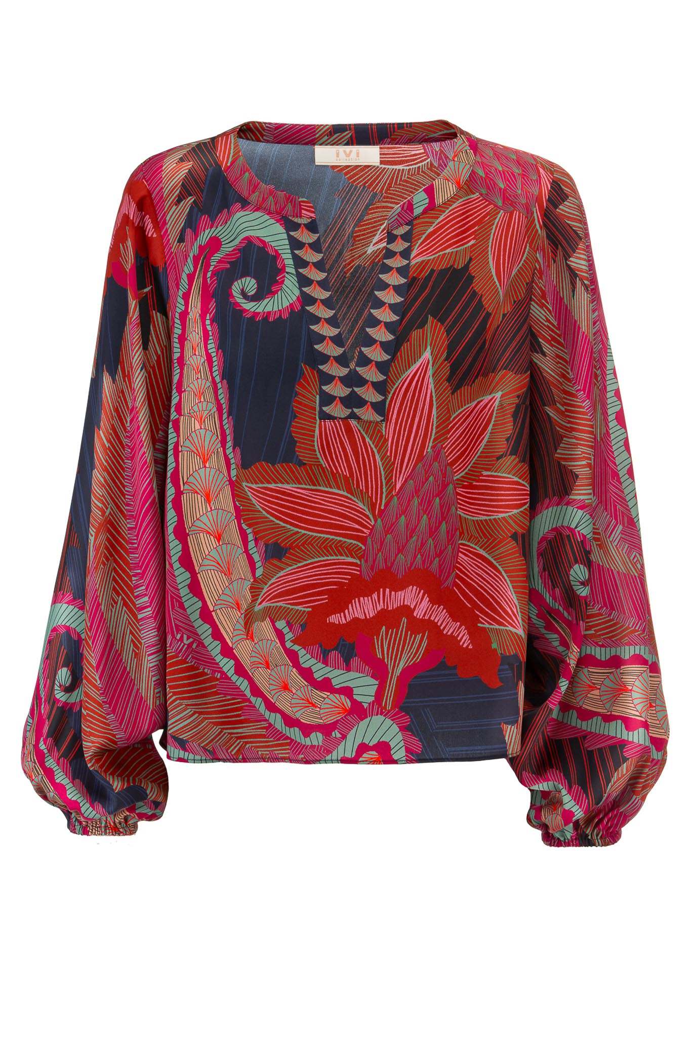 IVI collection ARTICHAUT verkürzte Seidenbluse mit einem platzierten Blüten-Print in den Farben rot und blau aus der AW24 Kollektion. IVI collection ARTICHAUT cropped silk blouse with a placed floral print in red and blue from the AW24 collection.