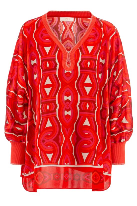 IVI collection GRACE elegante Seidentunika mit Cut-Out-Detail am V-Ausschnitt mit graphischen Print in leuchtenden Rot-Farben aus der AW24 Kollektion. IVI collection GRACE elegant silk tunic with cut-out detail at the V-neckline with graphic print in bright red colors from the AW24 collection.