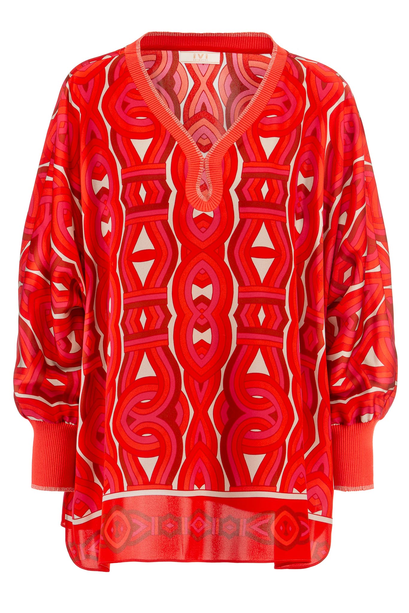 IVI collection GRACE elegante Seidentunika mit Cut-Out-Detail am V-Ausschnitt mit graphischen Print in leuchtenden Rot-Farben aus der AW24 Kollektion. IVI collection GRACE elegant silk tunic with cut-out detail at the V-neckline with graphic print in bright red colors from the AW24 collection.