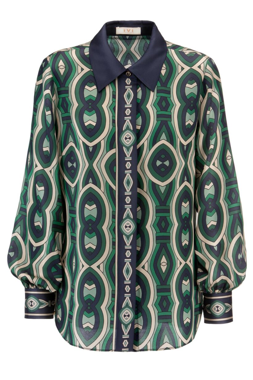 IVI collection GRACE elegante Hemdbluse aus Seide mit durchgehender Knopfleiste mit graphischen Print in grün aus der AW24 Kollektion. IVI collection GRACE elegant silk shirt blouse with full-length button placket with graphic print in green from the AW24 collection.