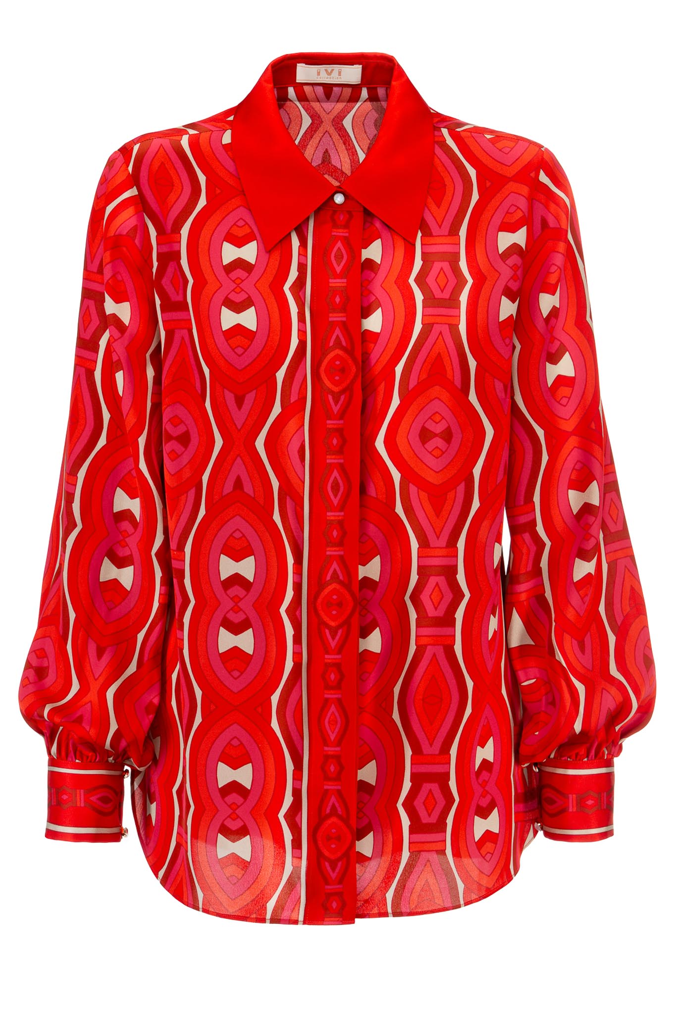 IVI collection GRACE elegante Hemdbluse aus Seide mit durchgehender Knopfleiste mit graphischen Print in leuchtenden Rot-Farben aus der AW24 Kollektion. IVI collection GRACE elegant silk shirt blouse with full-length button placket with graphic print in bright red colors from the AW24 collection.