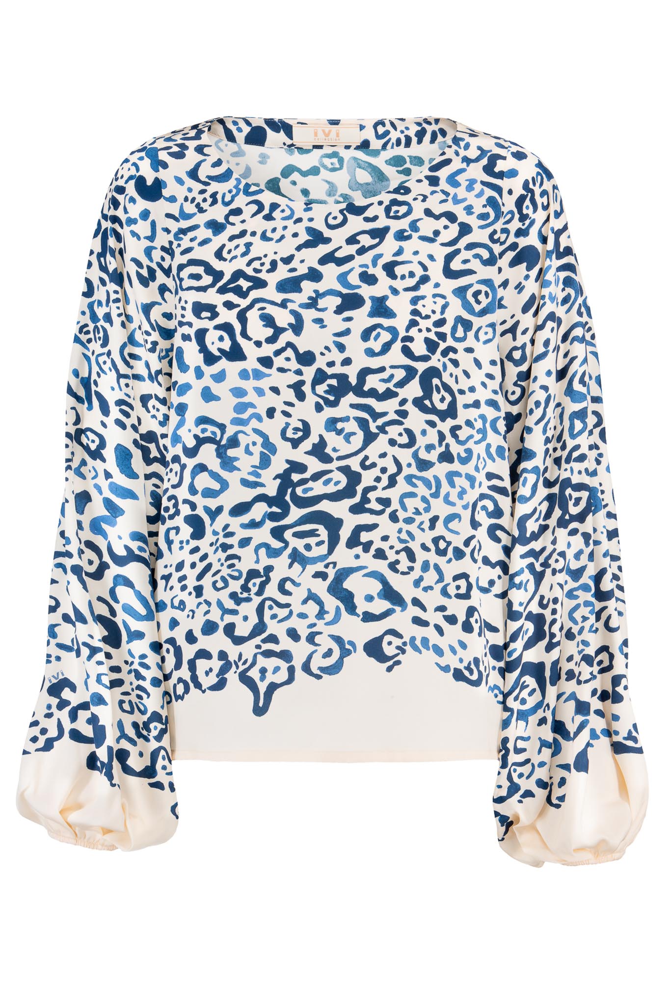 IVI collection BLUE LEO verkürzte Seidenbluse mit voluminösen Ärmeln mit blauem Leo-Print aus der AW24 Kollektion. IVI collection BLUE LEO cropped silk blouse with voluminous sleeves with a blue leo print from the AW24 collection.