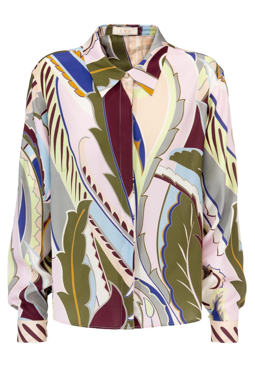 IVI collection LAS VEGAS verkürzte Hemdbluse aus Seide mit geschwungenem Print in grün