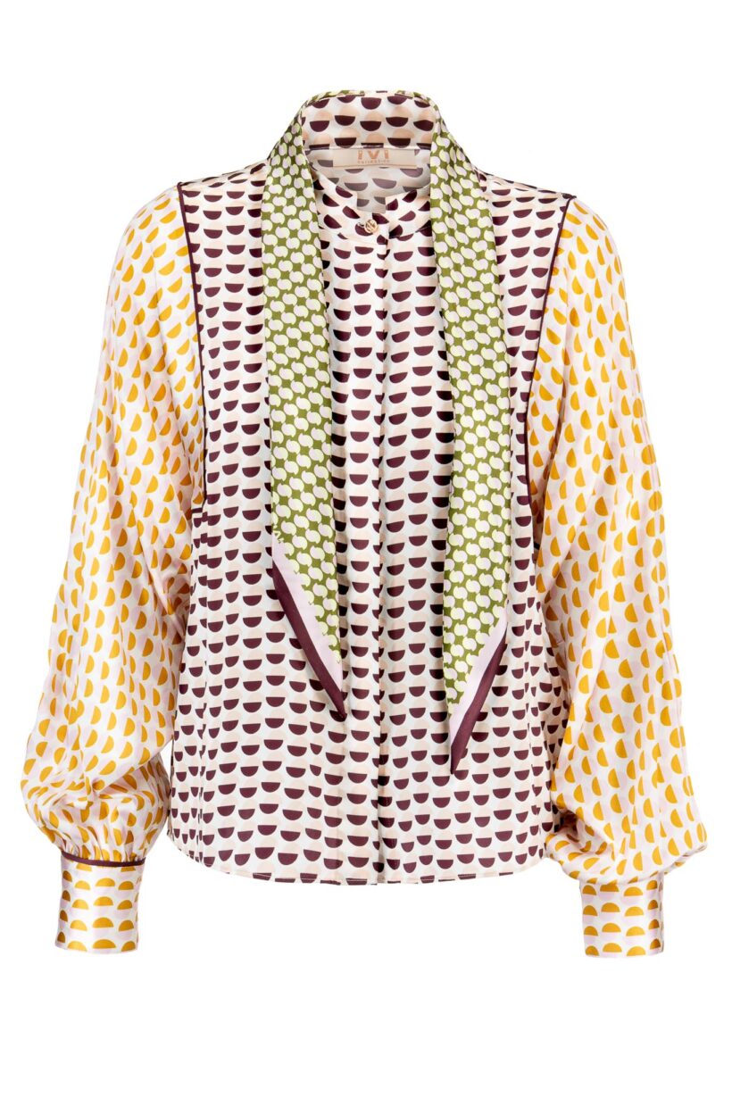 IVI collection Jeton verkürzte Bluse aus Seide mit Statement-Print und Schluppe in gelb