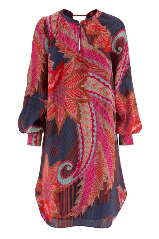 IVI collection ARTICHAUT Minikleid aus hochwertiger Seiden mit einem platzierten Blüten-Print in den Farben rot und blau aus der AW24 Kollektion. IVI collection ARTICHAUT mini dress made of high-quality silk with a placed flower print in the colors red and blue from the AW24 collection.