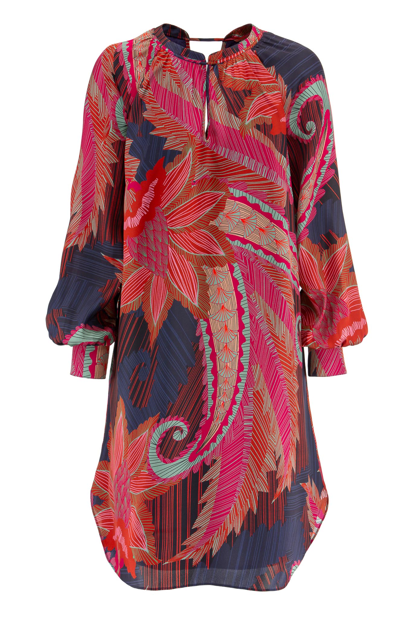 IVI collection ARTICHAUT Minikleid aus hochwertiger Seiden mit einem platzierten Blüten-Print in den Farben rot und blau aus der AW24 Kollektion. IVI collection ARTICHAUT mini dress made of high-quality silk with a placed flower print in the colors red and blue from the AW24 collection.