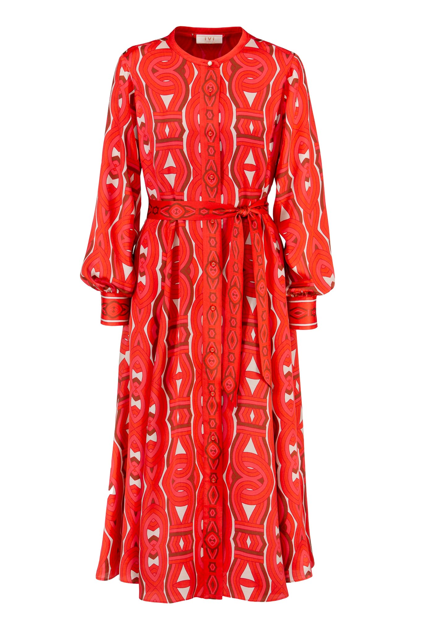 IVI collection GRACE elegantes Blusenkleid mit durchgehender Knopfleiste aus Viskose-Rayon-Mix mit graphischen Print in leuchtenden Rot-Farben aus der AW24 Kollektion. IVI collection GRACE elegant blouse dress with full-length button placket made from a viscose-rayon blend with a graphic print in bright red colors from the AW24 collection.