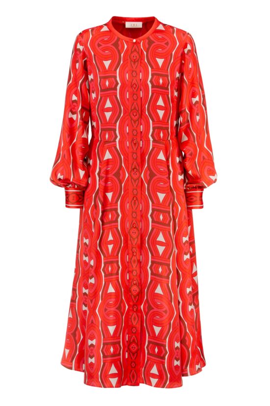 IVI collection GRACE elegantes Blusenkleid mit durchgehender Knopfleiste aus Viskose-Rayon-Mix mit graphischen Print in leuchtenden Rot-Farben aus der AW24 Kollektion. IVI collection GRACE elegant blouse dress with full-length button placket made from a viscose-rayon blend with a graphic print in bright red colors from the AW24 collection.