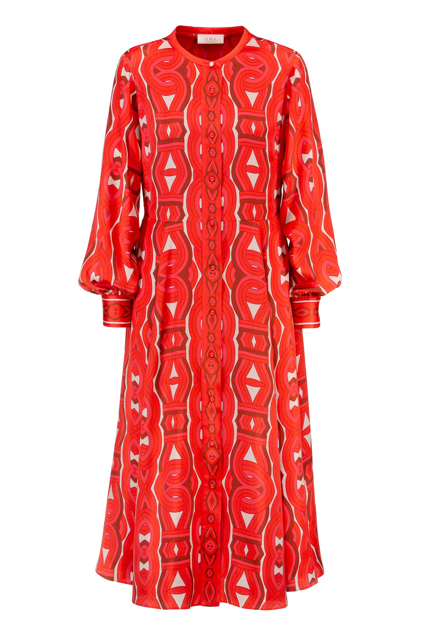 IVI collection GRACE elegantes Blusenkleid mit durchgehender Knopfleiste aus Viskose-Rayon-Mix mit graphischen Print in leuchtenden Rot-Farben aus der AW24 Kollektion. IVI collection GRACE elegant blouse dress with full-length button placket made from a viscose-rayon blend with a graphic print in bright red colors from the AW24 collection.