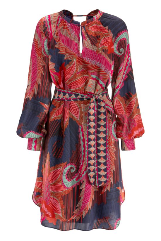 IVI collection ARTICHAUT Minikleid aus hochwertiger Seiden mit einem platzierten Blüten-Print in den Farben rot und blau aus der AW24 Kollektion. IVI collection ARTICHAUT mini dress made of high-quality silk with a placed flower print in the colors red and blue from the AW24 collection.