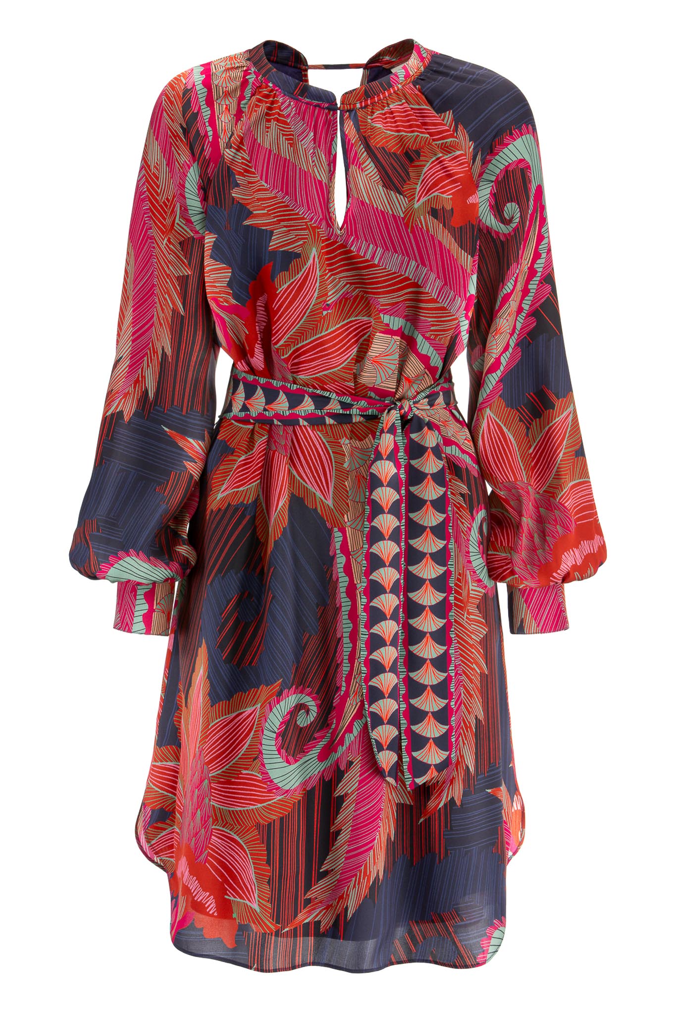 IVI collection ARTICHAUT Minikleid aus hochwertiger Seiden mit einem platzierten Blüten-Print in den Farben rot und blau aus der AW24 Kollektion. IVI collection ARTICHAUT mini dress made of high-quality silk with a placed flower print in the colors red and blue from the AW24 collection.