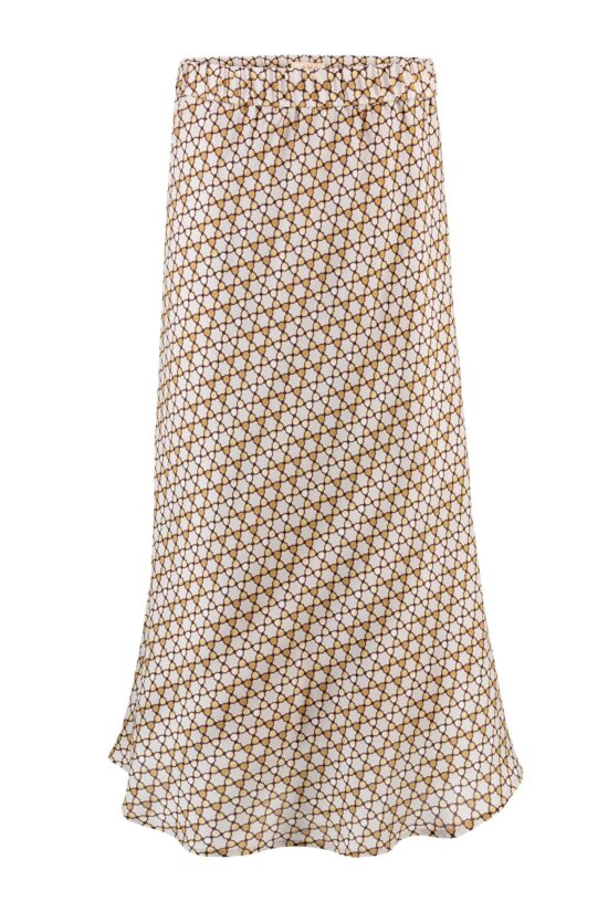 IVI collection TREASURE feminine Seidenrock aus einem hochwertigem Viskose-Seiden-Mix in der Farber gold aus der AW24 Kollektion. IVI collection TREASURE feminine silk skirt made from a high-quality viscose-silk blend in the color gold from the AW24 collection.