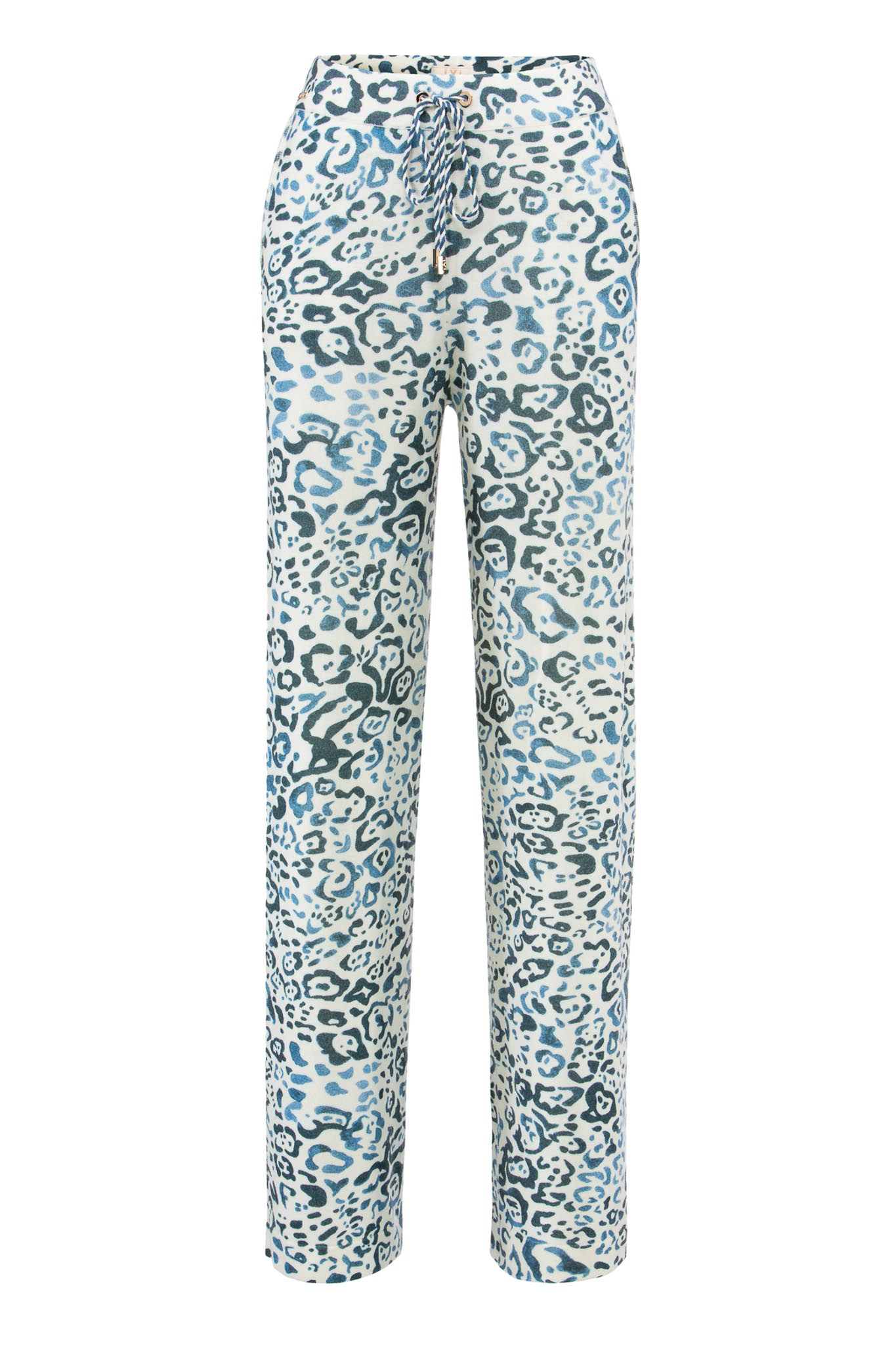 IVI collection BLUE LEO gestrickte Hose mit geradem Bein aus softer Merinowolle mit blauem Leo-Print aus der AW24 Kollektion. IVI collection BLUE LEO knitted straight-leg trousers in soft merino wool with a blue leopard print from the AW24 collection.