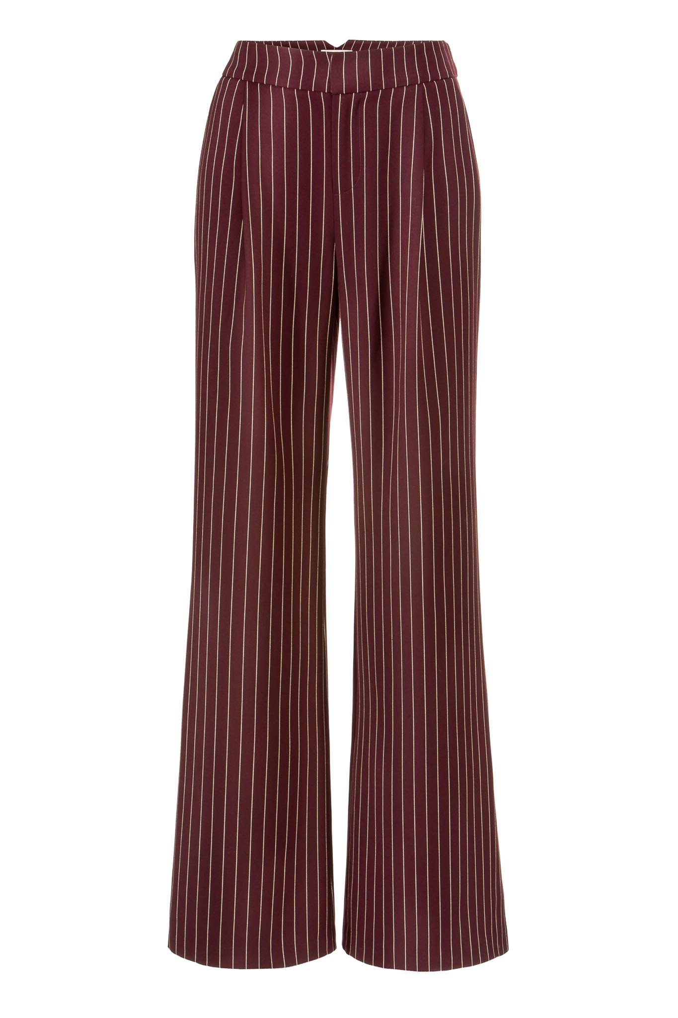 IVI collection PINSTRIPE Anzughose mit weitem Bein und Bundfalte in klassischem Nadelstreifen in Farbe aubergine aus der AW24 Kollektion. IVI collection PINSTRIPE suit trousers with wide leg and pleat in classic pinstripe in the color aubergine from the AW24 collection.