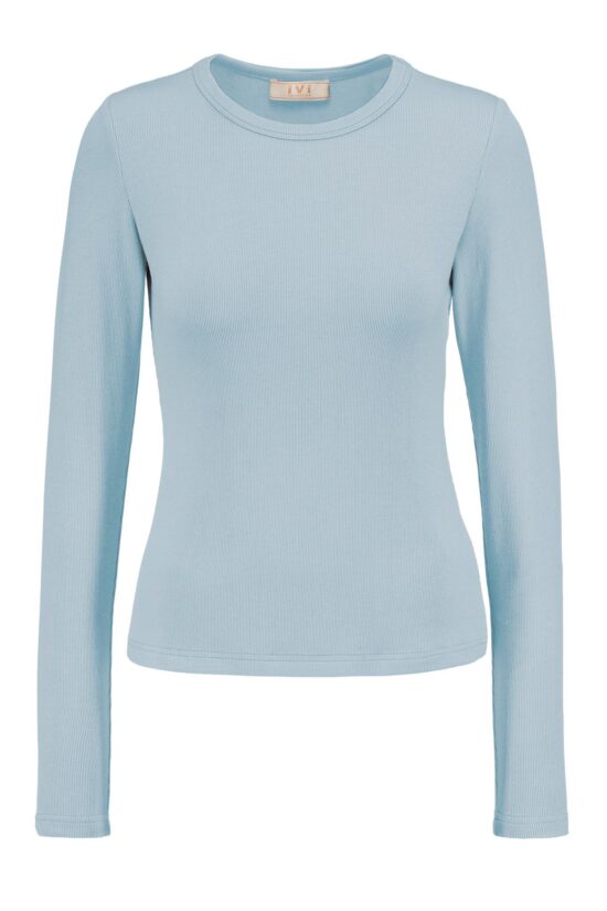 IVI collection ESSENTIAL zeitloses geripptes Langarmshirt mit hohem Rundhalsausschnitt in Farbe blau aus der AW24 Kollektion. IVI collection ESSENTIAL timeless ribbed long-sleeved shirt with a high round neckline in blue from the AW24 collection.