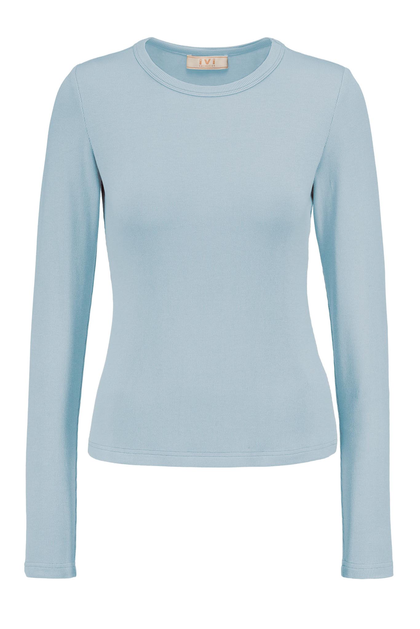 IVI collection ESSENTIAL zeitloses geripptes Langarmshirt mit hohem Rundhalsausschnitt in Farbe blau aus der AW24 Kollektion. IVI collection ESSENTIAL timeless ribbed long-sleeved shirt with a high round neckline in blue from the AW24 collection.