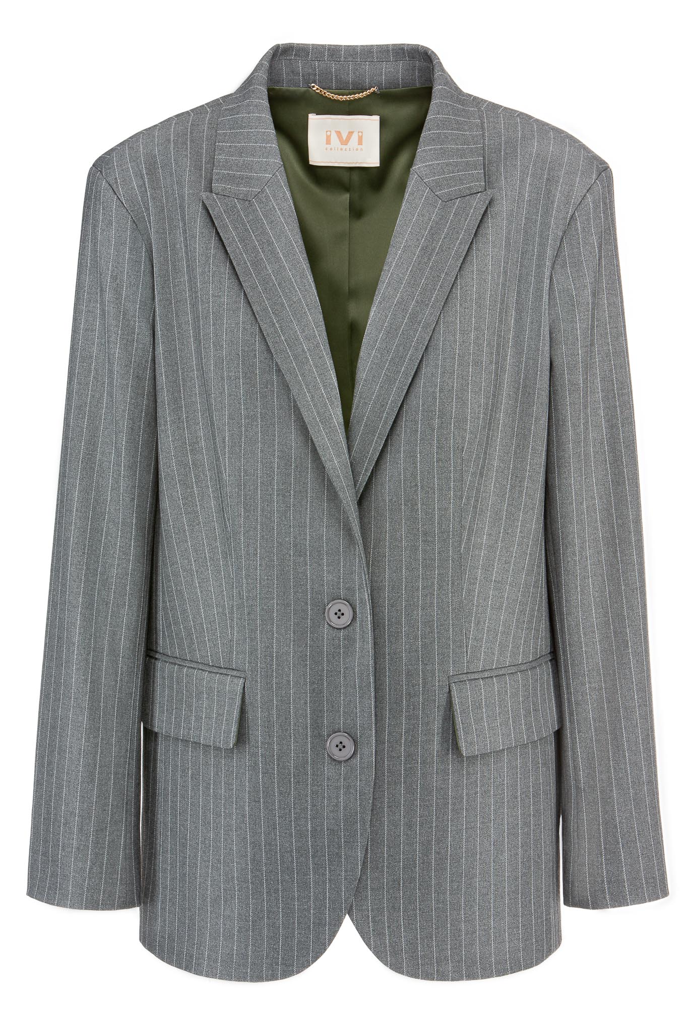 IVI collection einreihiger Blazer mit Reverskragen und Pattentaschen in klassischem Nadelstreifen und leicht taillierter Passform in Farbe grau aus der AW24 Kollektion. IVI collection single-breasted blazer with lapel collar and flap pockets in a classic pinstripe and slightly tailored fit in grey from the AW24 collection.