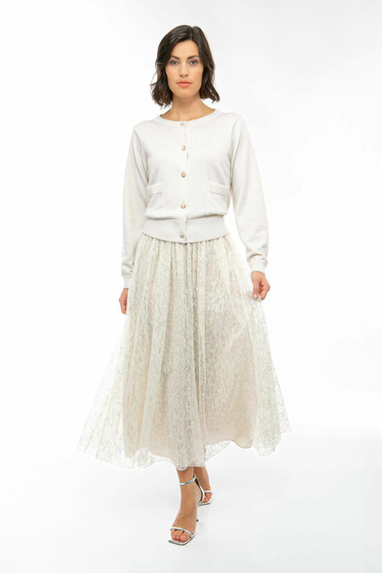 IVI collection LACE Midirock mit paillettendurchwobener Spitze in der Farbe weiß aus der Resort25 Kollektion. IVI collection LACE midi skirt with sequined lace in white from the Resort25 collection.