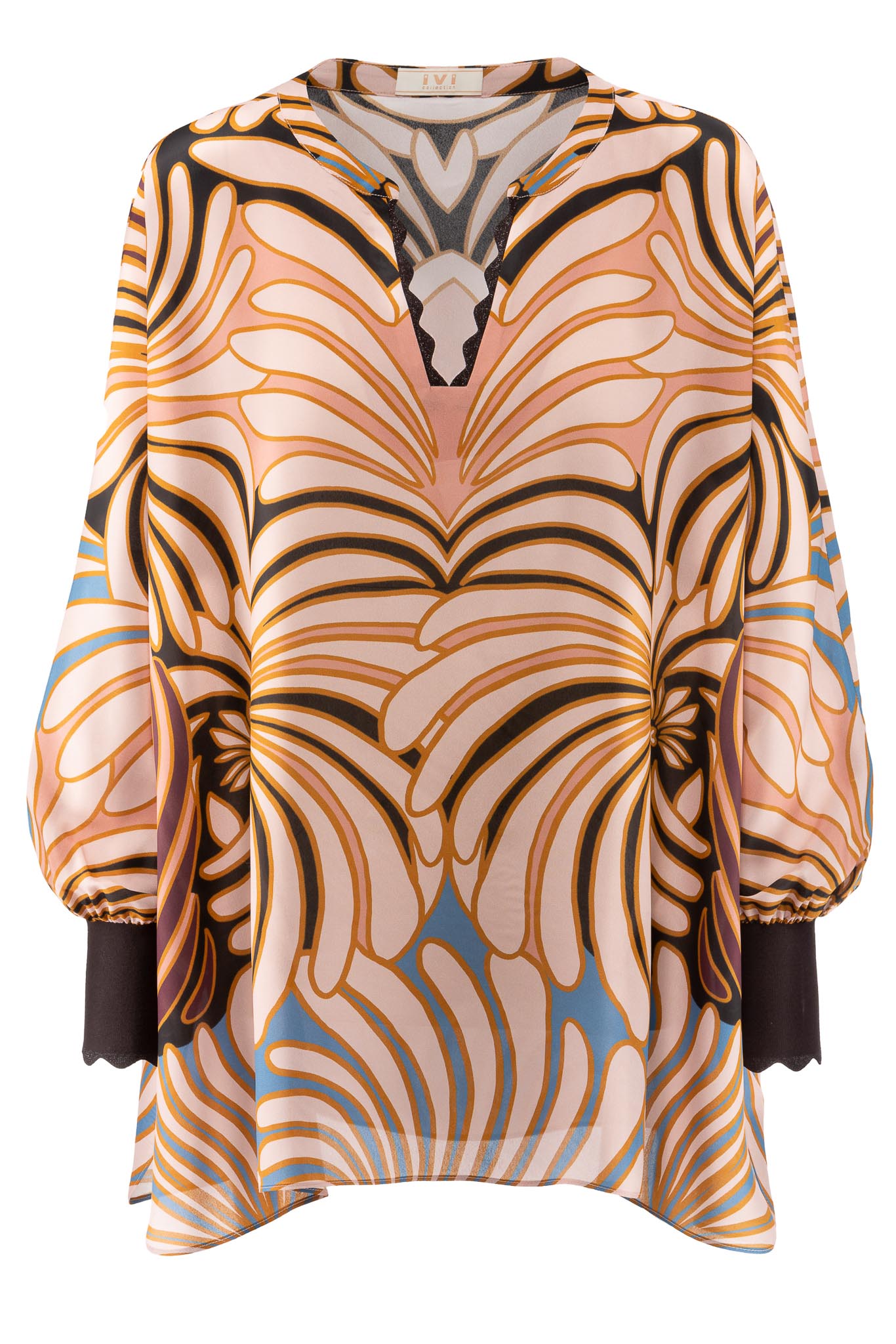 IVI collection SWIRL hochwertige Seidentunika in den Farben rose und schwarz aus der Resort25 Kollektion. IVI collection SWIRL high-quality silk tunic in the colors rose and black from the Resort25 collection.