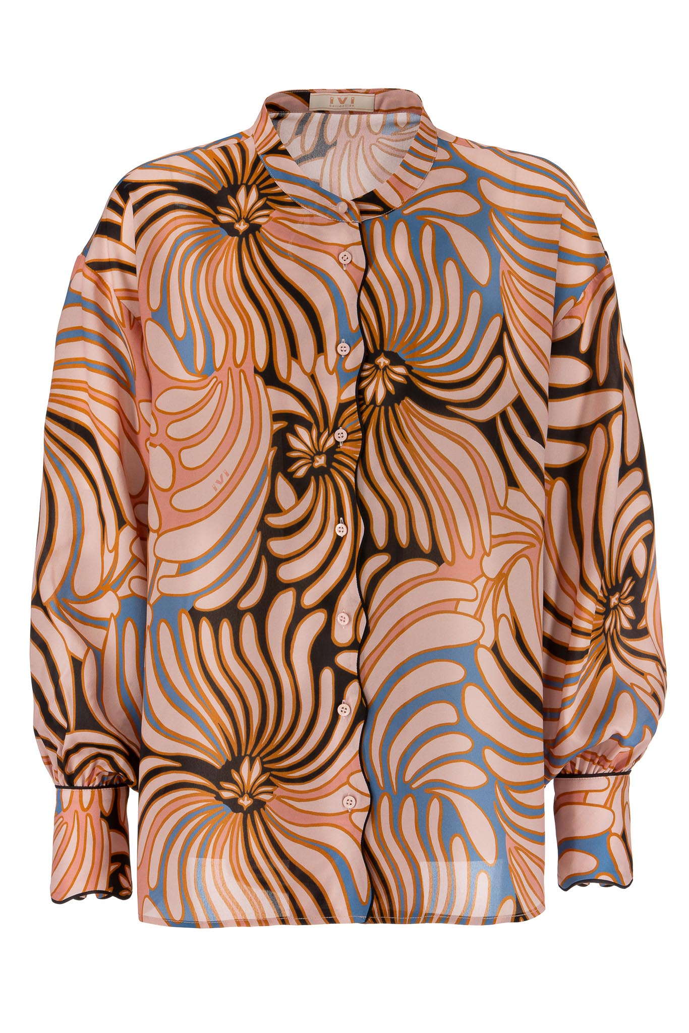 IVI collection SWIRL hochwertige Seidenbluse in den Farben rose und schwarz aus der Resort25 Kollektion. IVI collection SWIRL high-quality silk blouse in the colors rose and black from the Resort25 collection.