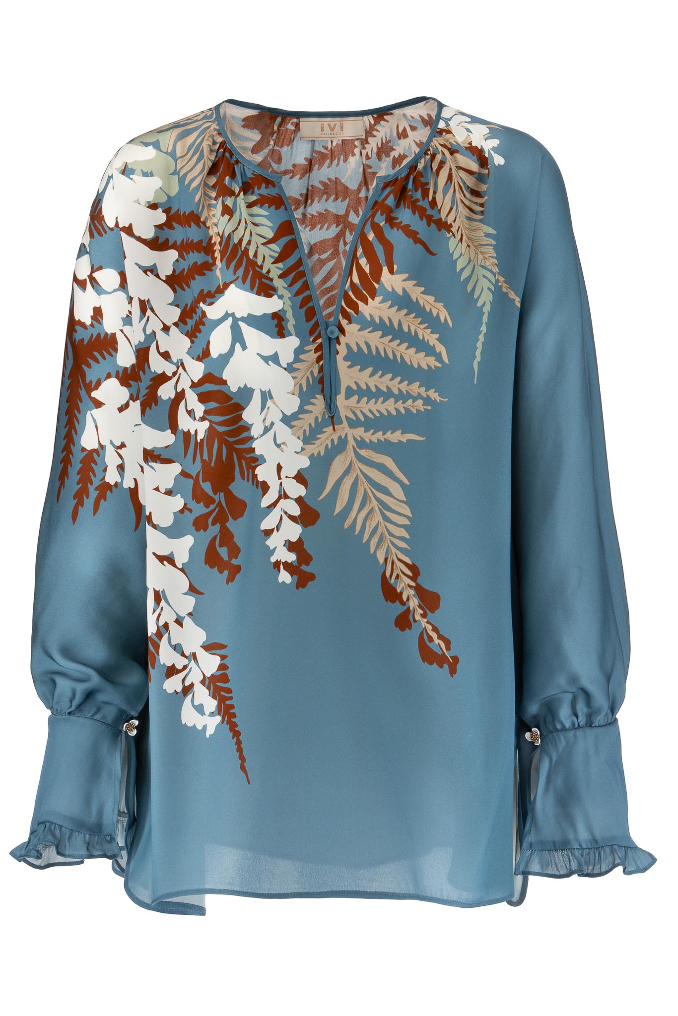 IVI collection EDEN Seidentunika mit platzierten Blumenprint in den Farben blauaus der Resort25 Kollektion. IVI collection EDEN silk tunic with placed floral print in blue from the Resort25 collection.