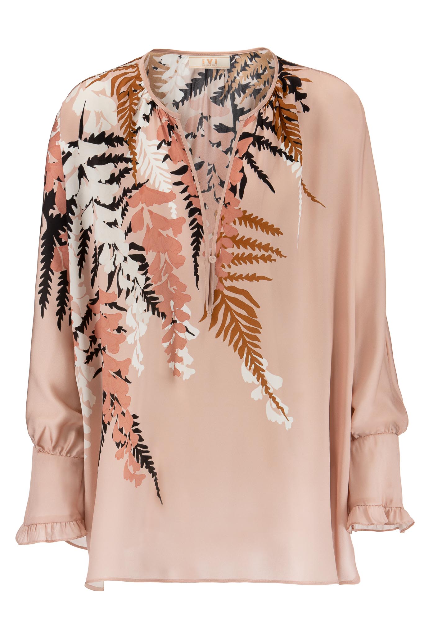 IVI collection EDEN Seidentunika mit platzierten Blumenprint in den Farben rose aus der Resort25 Kollektion. IVI collection EDEN silk tunic with placed floral print in rosefrom the Resort25 collection.