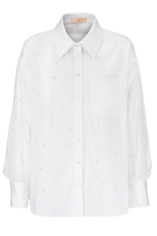 IVI collection PEARLS Baumwollbluse mit aufgesetzten Perlen in den Farben weiß aus der Resort25 Kollektion. IVI collection PEARLS cotton blouse with attached pearls in white from the Resort25 collection.