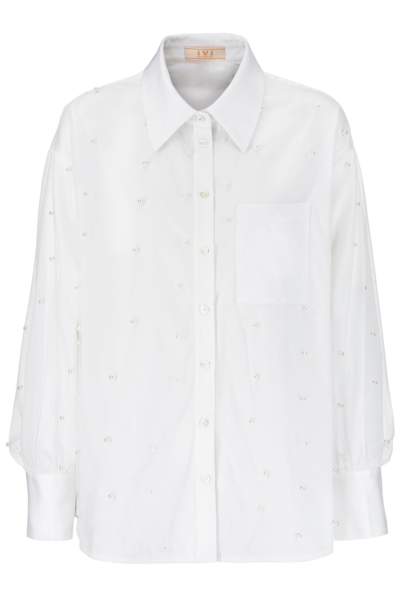 IVI collection PEARLS Baumwollbluse mit aufgesetzten Perlen in den Farben weiß aus der Resort25 Kollektion. IVI collection PEARLS cotton blouse with attached pearls in white from the Resort25 collection.