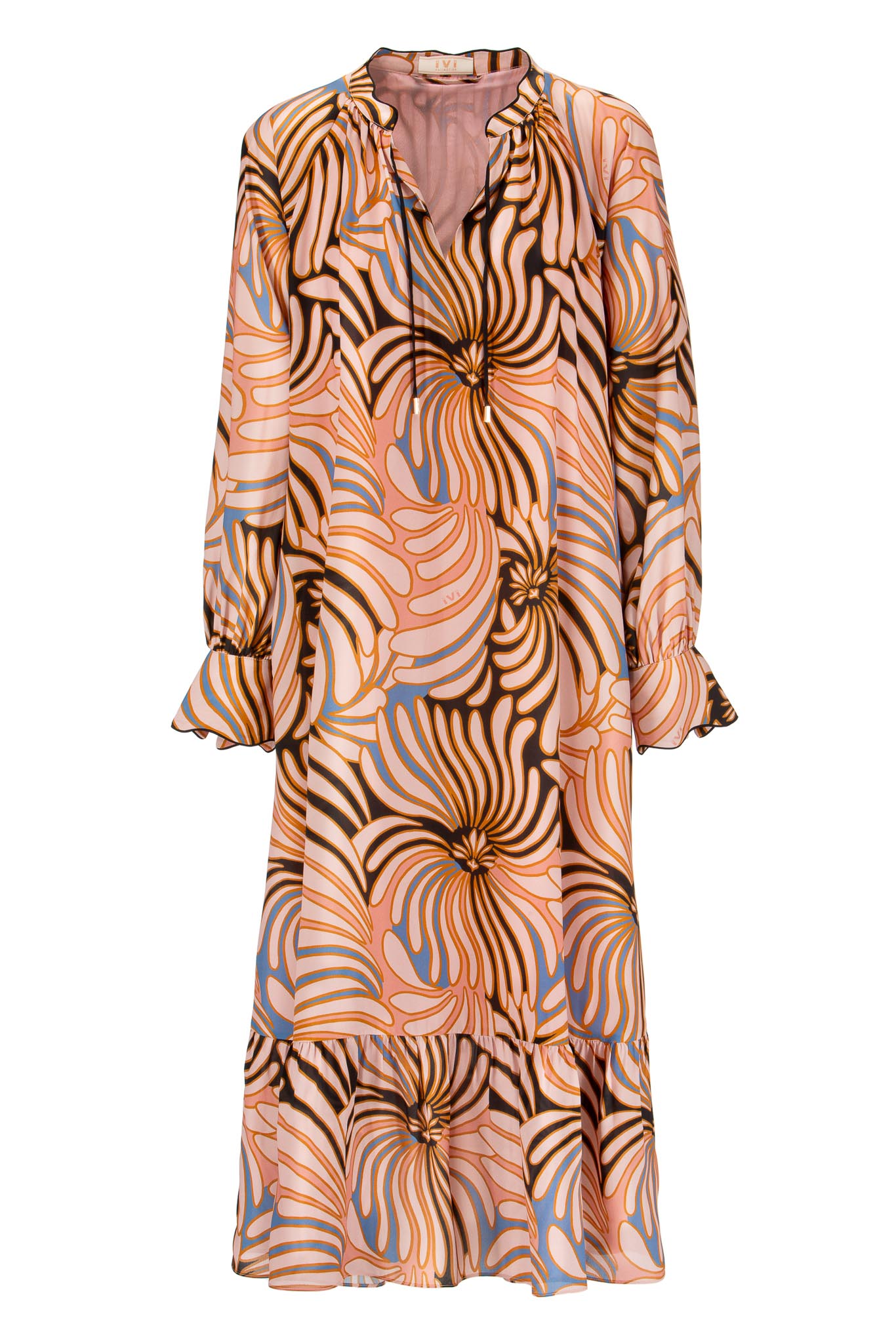IVI collection SWIRL hochwertige Seidenkleid in den Farben rose und schwarz aus der Resort25 Kollektion. IVI collection SWIRL high-quality silk dress in the colors rose and black from the Resort25 collection.