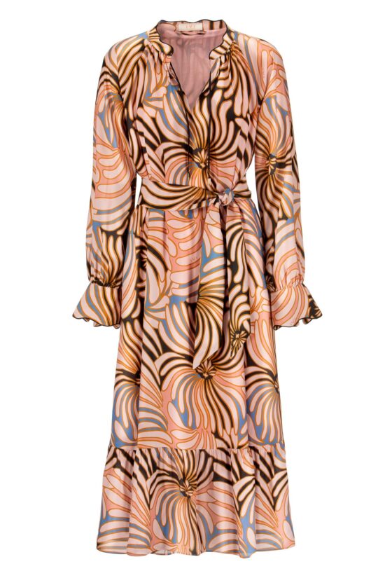 IVI collection SWIRL hochwertige Seidenkleid in den Farben rose und schwarz aus der Resort25 Kollektion. IVI collection SWIRL high-quality silk dress in the colors rose and black from the Resort25 collection.