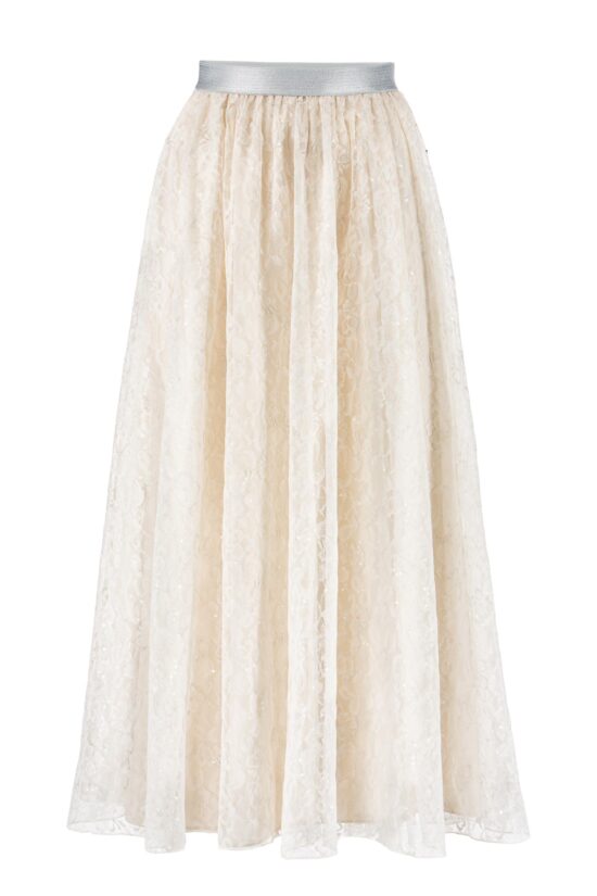 IVI collection LACE Midirock mit paillettendurchwobener Spitze in der Farbe weiß aus der Resort25 Kollektion. IVI collection LACE midi skirt with sequined lace in white from the Resort25 collection.