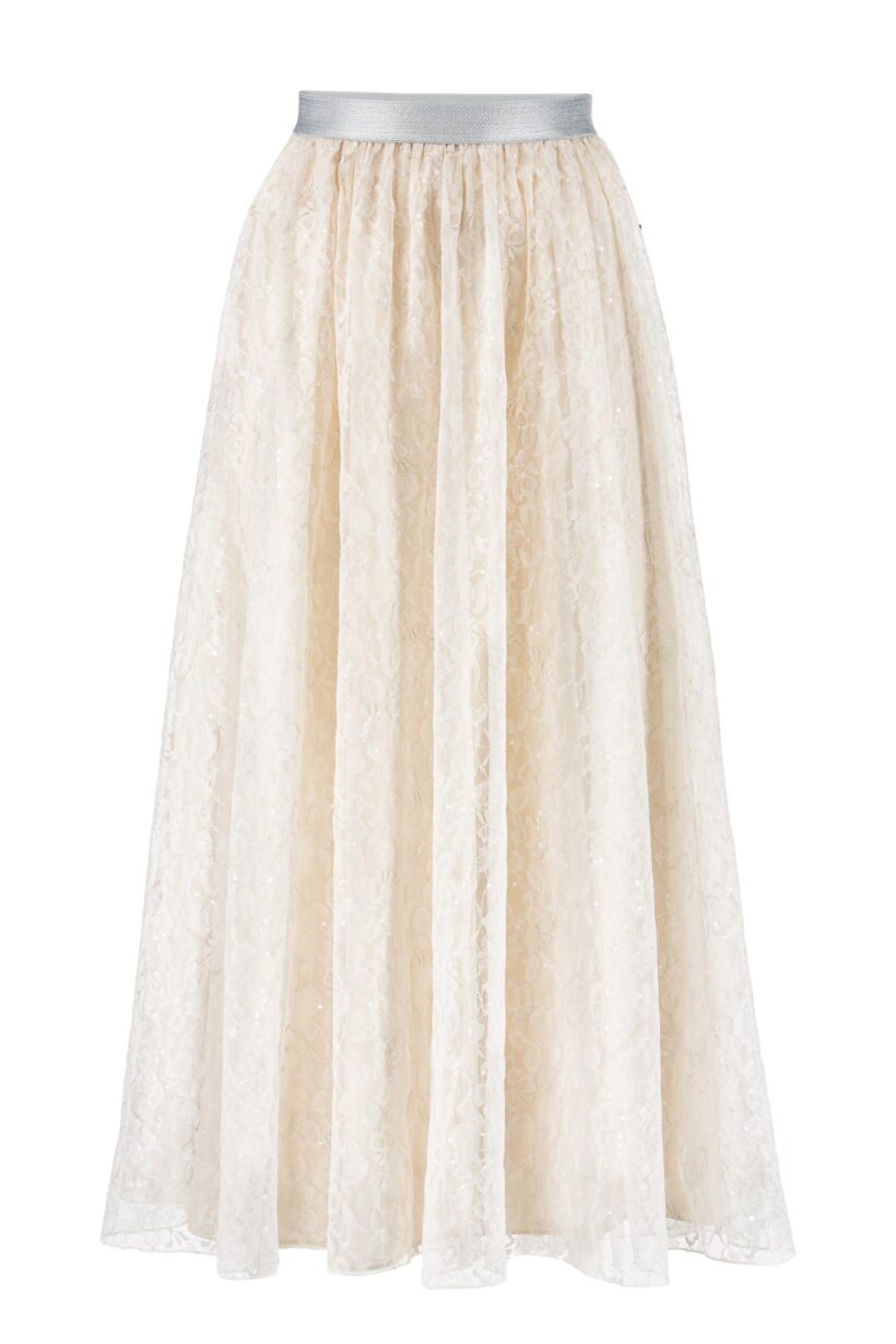 IVI collection LACE Midirock mit paillettendurchwobener Spitze in der Farbe weiß aus der Resort25 Kollektion.