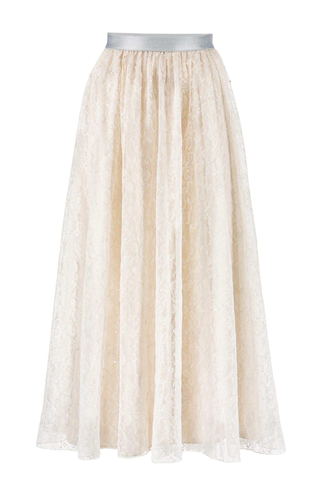 IVI collection LACE Midirock mit paillettendurchwobener Spitze in der Farbe weiß aus der Resort25 Kollektion. IVI collection LACE midi skirt with sequined lace in white from the Resort25 collection.