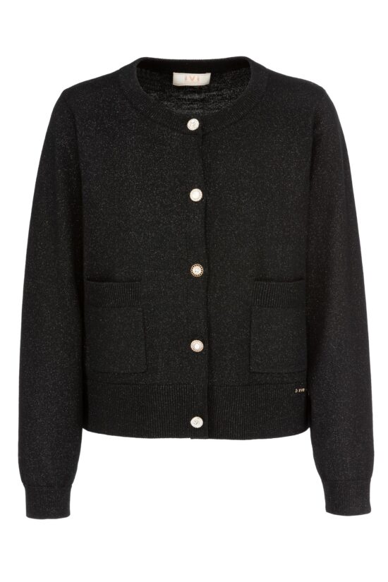 IVI collection SPARKLING KNIT Cardigan mit Zierknöpfen in der Farbe schwarz aus der Resort25 Kollektion. IVI collection SPARKLING KNIT cardigan with decorative buttons in black from the Resort25 collection.