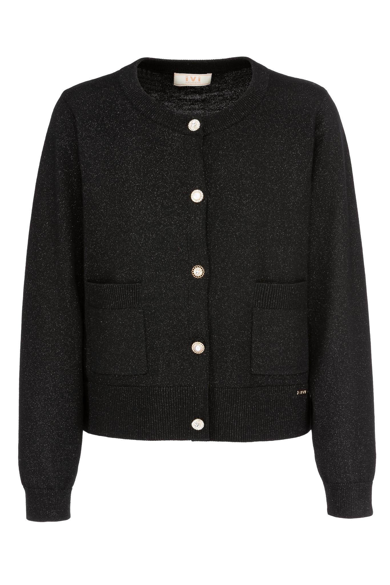 IVI collection SPARKLING KNIT Cardigan mit Zierknöpfen in der Farbe schwarz aus der Resort25 Kollektion. IVI collection SPARKLING KNIT cardigan with decorative buttons in black from the Resort25 collection.