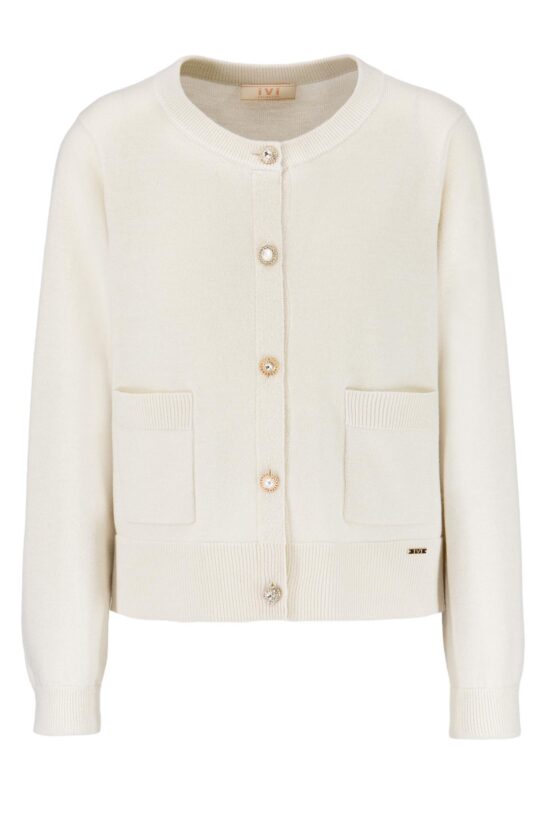 IVI collection SPARKLING KNIT Cardigan mit Zierknöpfen in der Farbe weiß aus der Resort25 Kollektion. IVI collection SPARKLING KNIT cardigan with decorative buttons in white from the Resort25 collection.