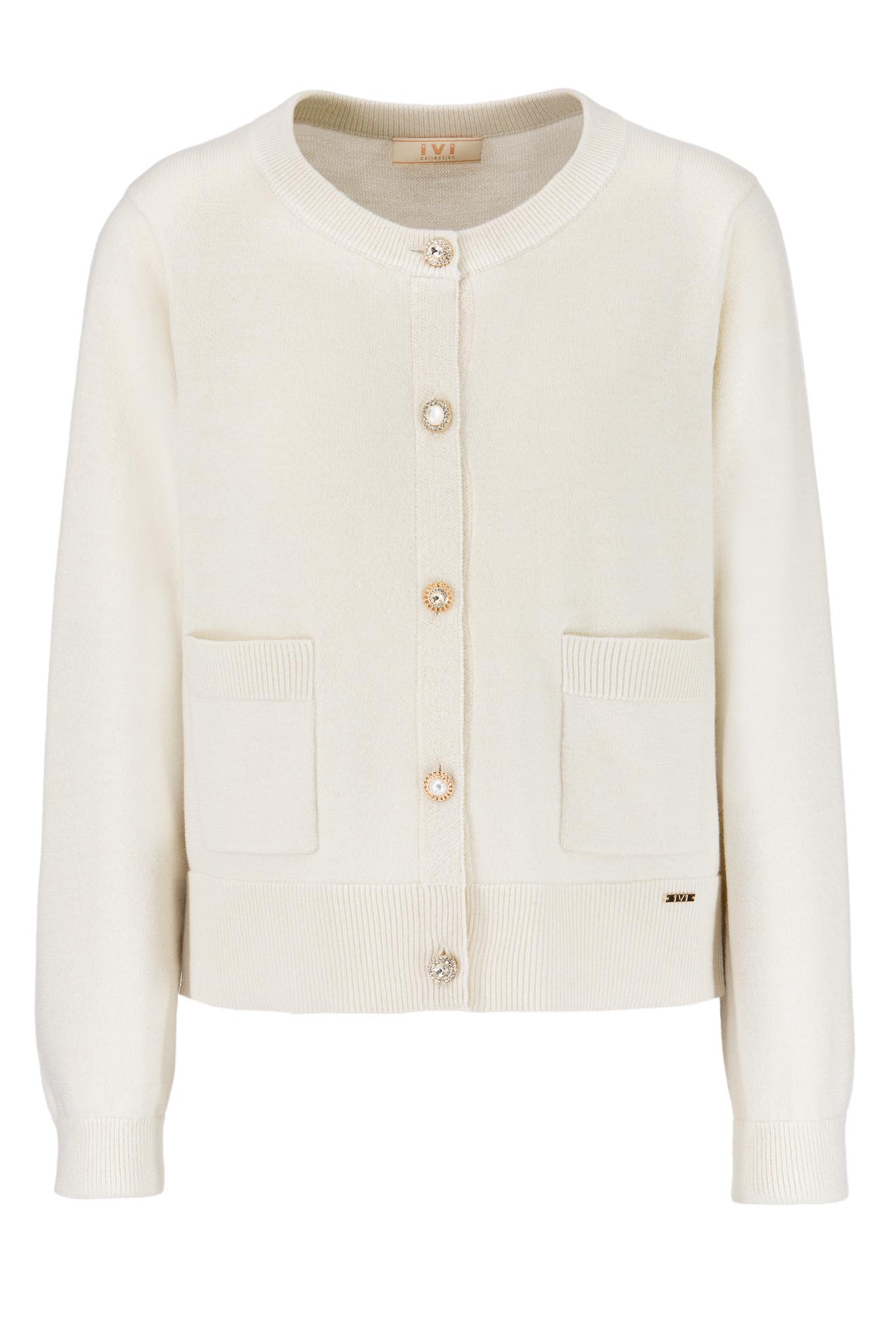 IVI collection SPARKLING KNIT Cardigan mit Zierknöpfen in der Farbe weiß aus der Resort25 Kollektion. IVI collection SPARKLING KNIT cardigan with decorative buttons in white from the Resort25 collection.