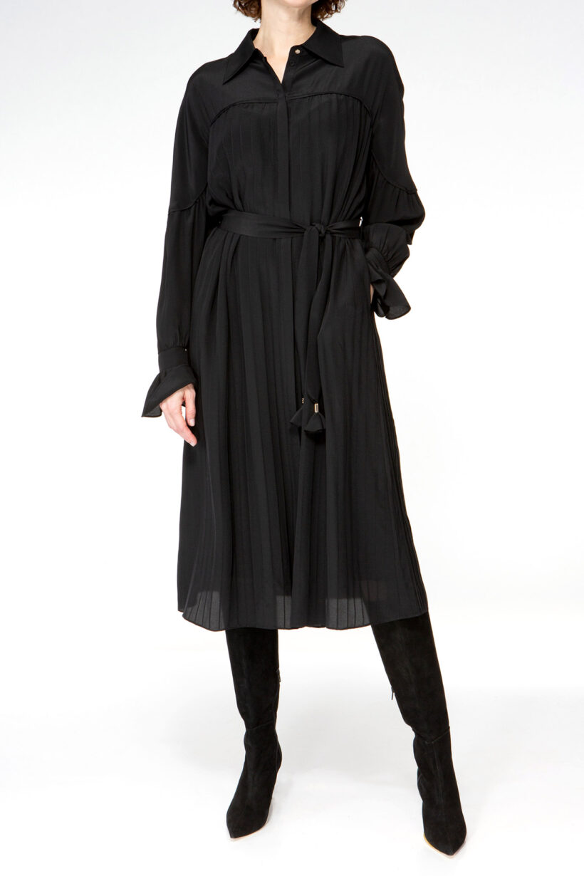 IVI collection black blouse with pleat detail in the font and back with a golden details made from silk and ruffle details on the sleeve from aw24 collection