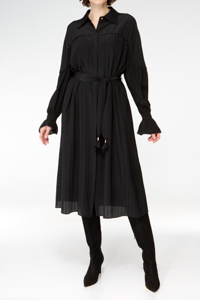 IVI collection black blouse with pleat detail in the font and back with a golden details made from silk and ruffle details on the sleeve from aw24 collection