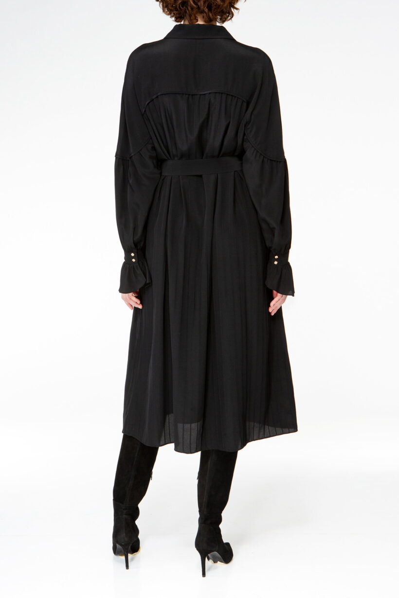 IVI collection black blouse with pleat detail in the font and back with a golden details made from silk and ruffle details on the sleeve from aw24 collection