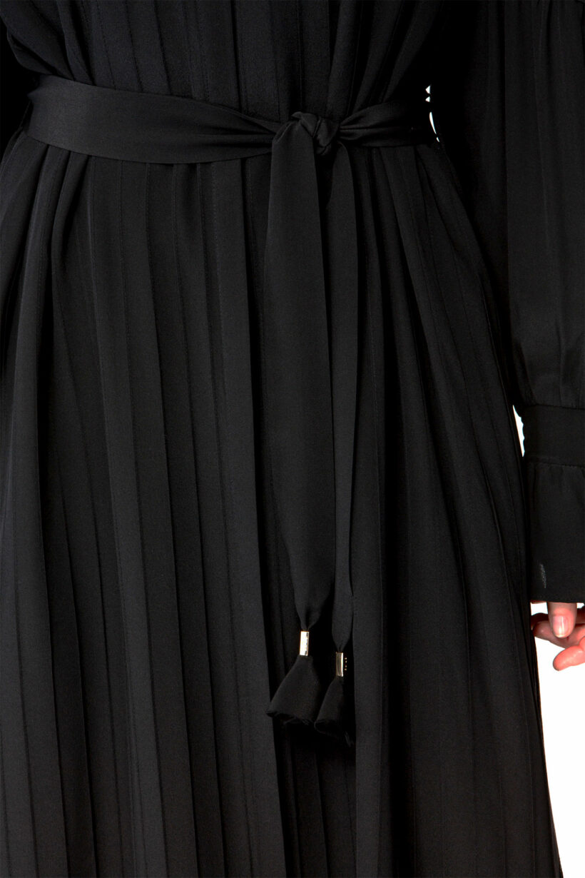 IVI collection black dress with pleat detail in the font and back with a golden details made from silk and ruffle details on the sleeve from aw24 collection