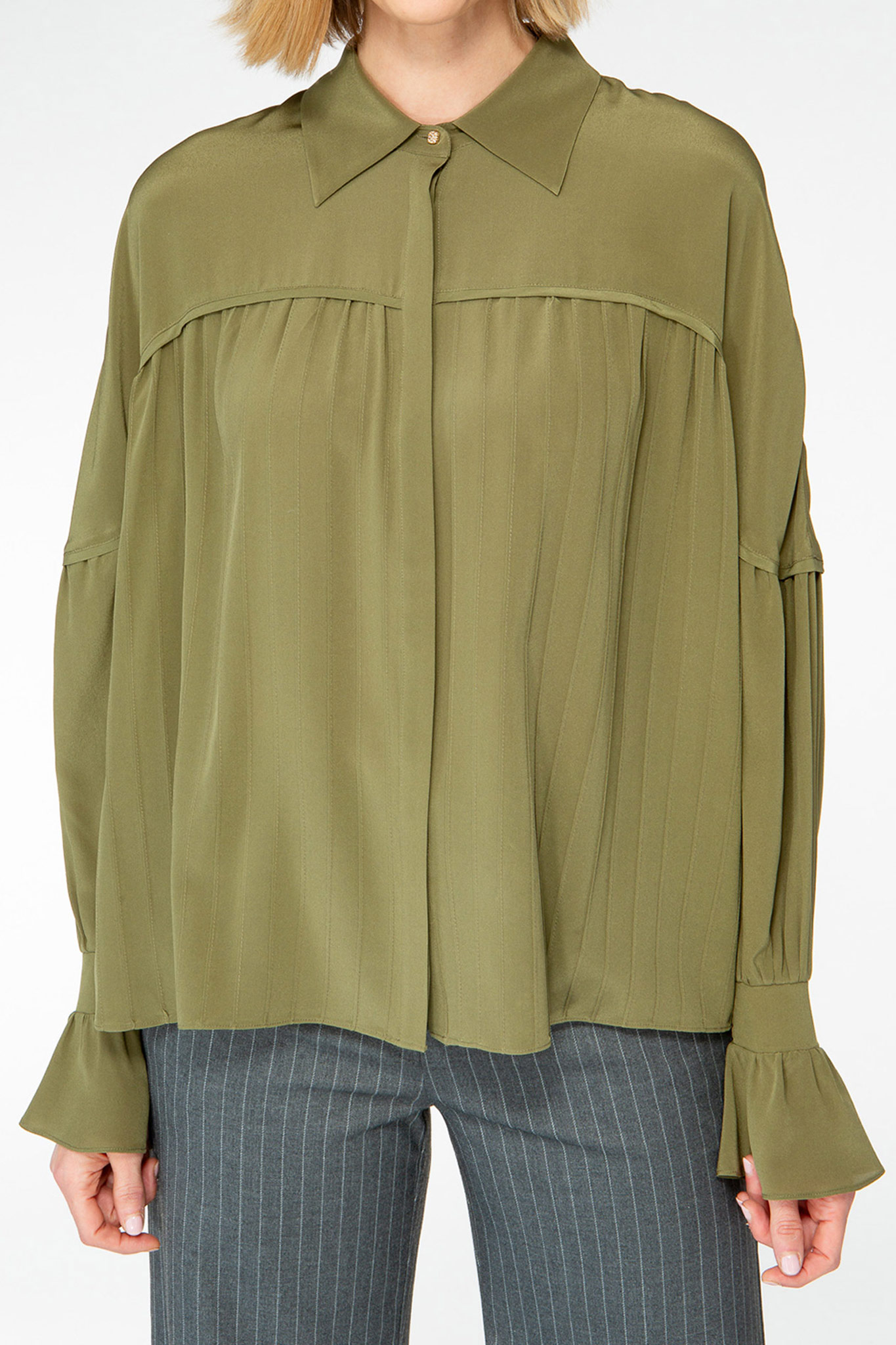 IVI collection olive green blouse with pleat detail in the font and back with a golden button at the top made from 100% silk from aw24 collection