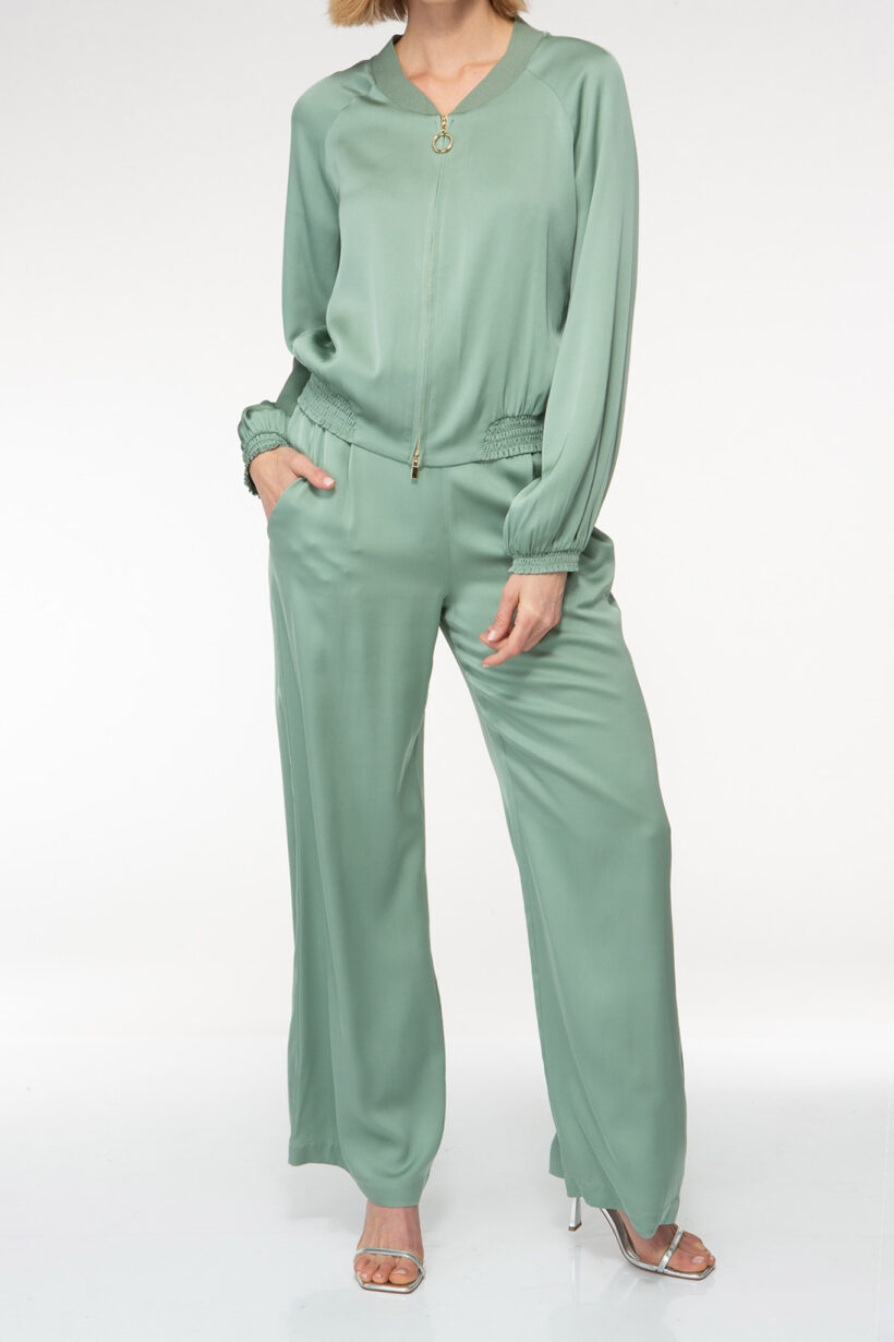 IVI collection sage green silk pants with a straight leg and elastic waistband from aw24 collection