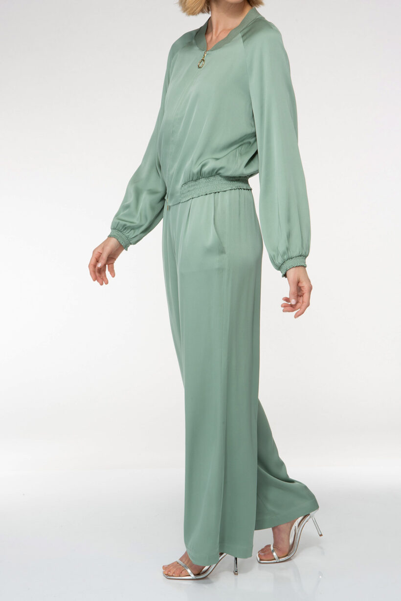 IVI collection sage green silk pants with a straight leg and elastic waistband from aw24 collection