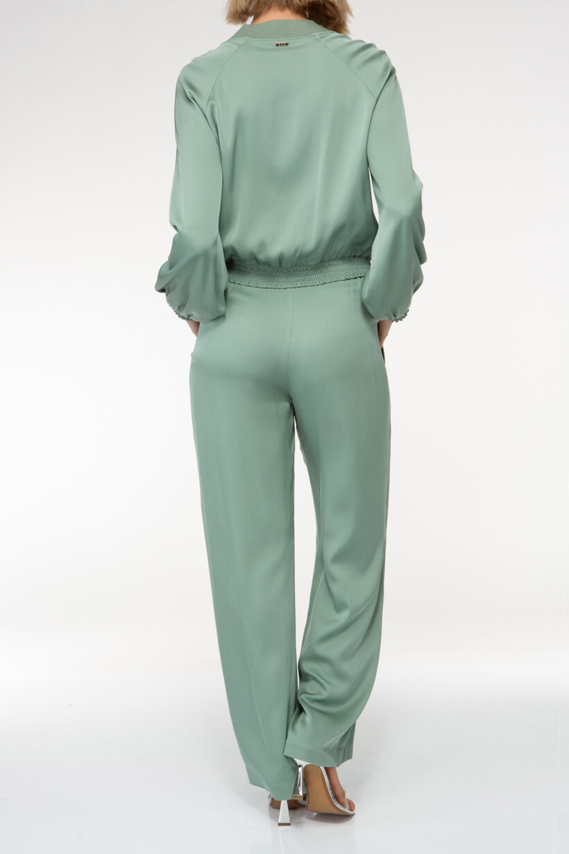 IVI collection sage green silk pants with a straight leg and elastic waistband from aw24 collection