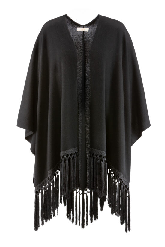 SOLID KNIT cape with fringes, black
