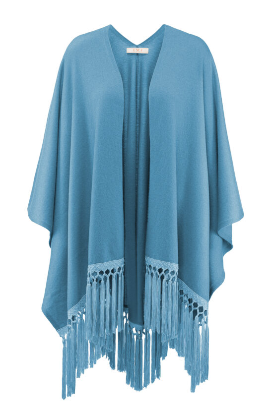 SOLID KNIT cape with fringes, bluegreen